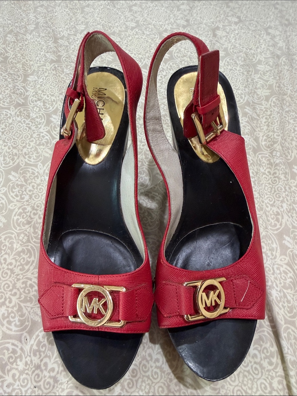 Michael Kors Red Open-Toe Slingback Heels with Gold MK Emblem